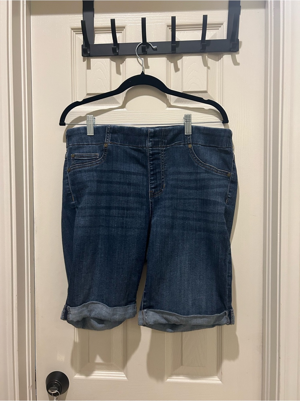 Liverpool Dark Blue Denim Bermuda Shorts with Rolled Hem Pull-on Stretchy - Picture 2 of 7
